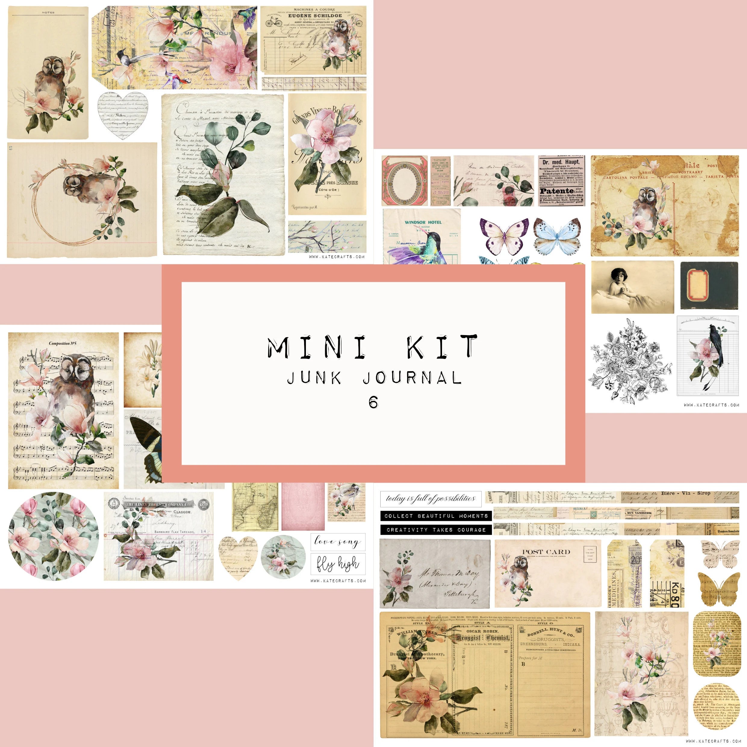 Mini Kit No. 6  KC504, Junk Journal Printable Kit, Digital Download, Vintage Ephemera, Printable Pages, Paper Craft