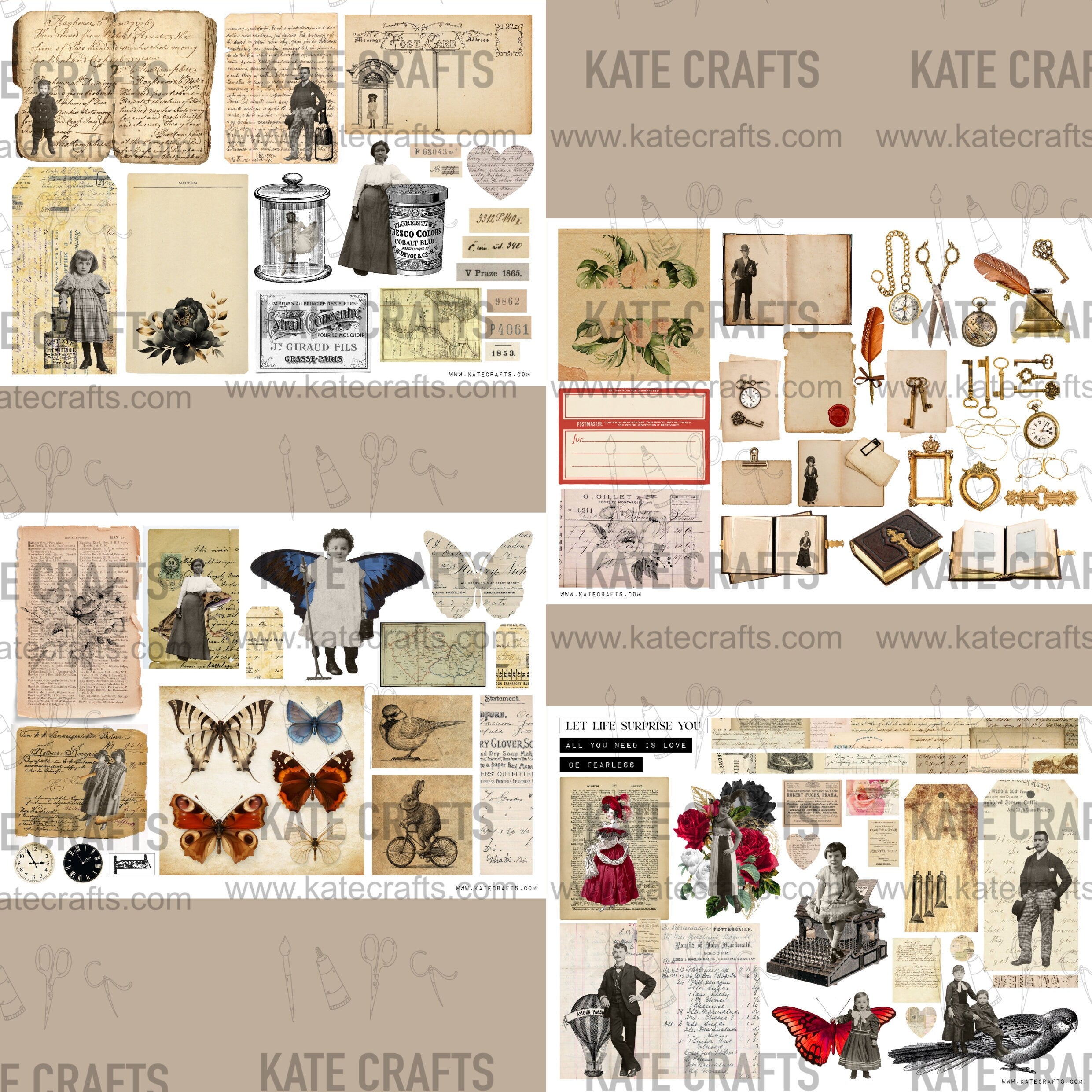 Mini Kit No. 7 KC505, Junk Journal Printable Kit, Digital Download, Vintage Ephemera, Printable Pages, Paper Craft