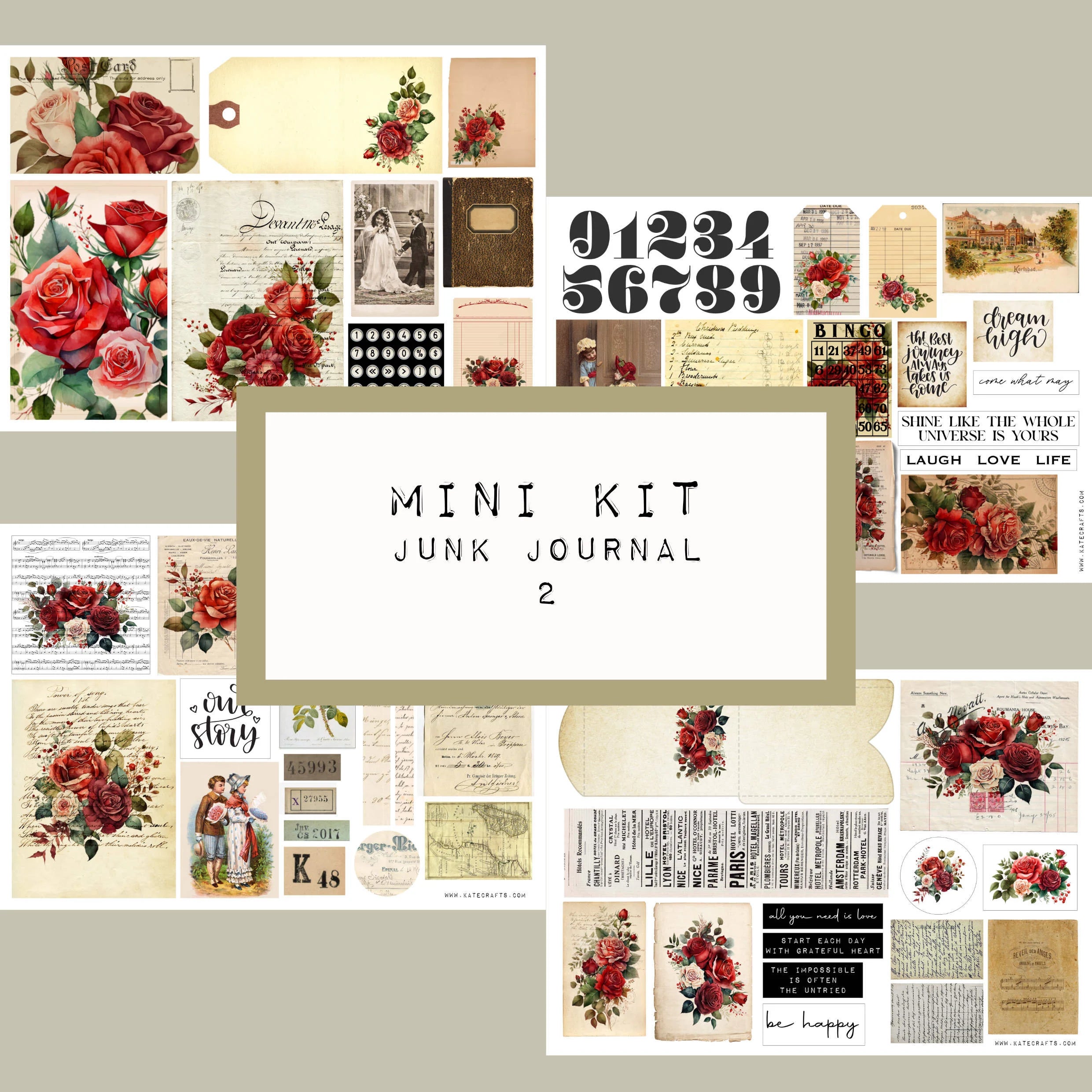 Mini Kit No. 2  KC496, Junk Journal Printable Kit, Digital Download, Vintage Ephemera, Printable Pages, Paper Craft