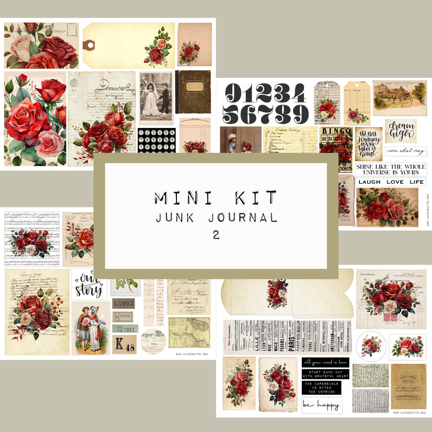 Mini Kit No. 2  KC496, Junk Journal Printable Kit, Digital Download, Vintage Ephemera, Printable Pages, Paper Craft