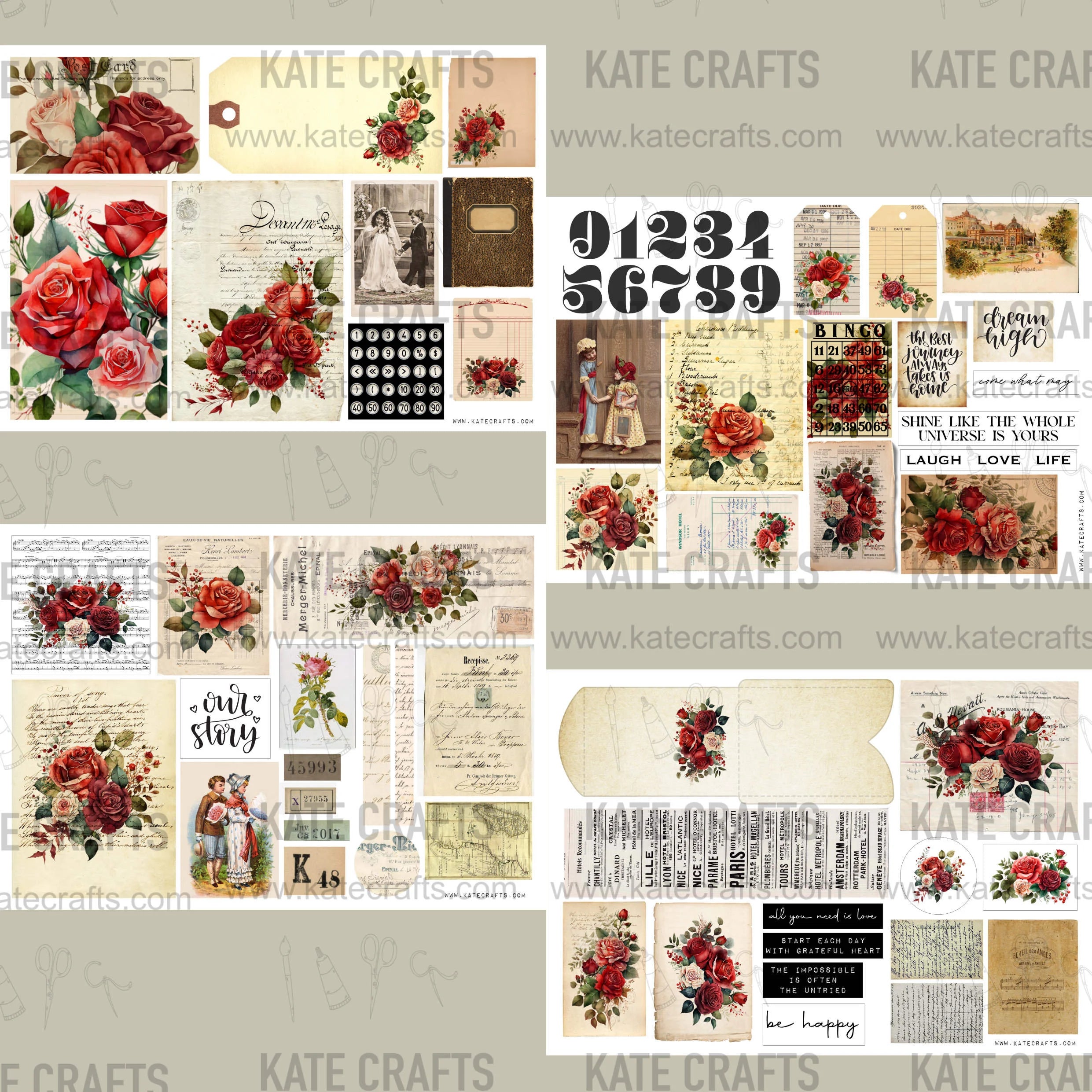 Mini Kit No. 2  KC496, Junk Journal Printable Kit, Digital Download, Vintage Ephemera, Printable Pages, Paper Craft