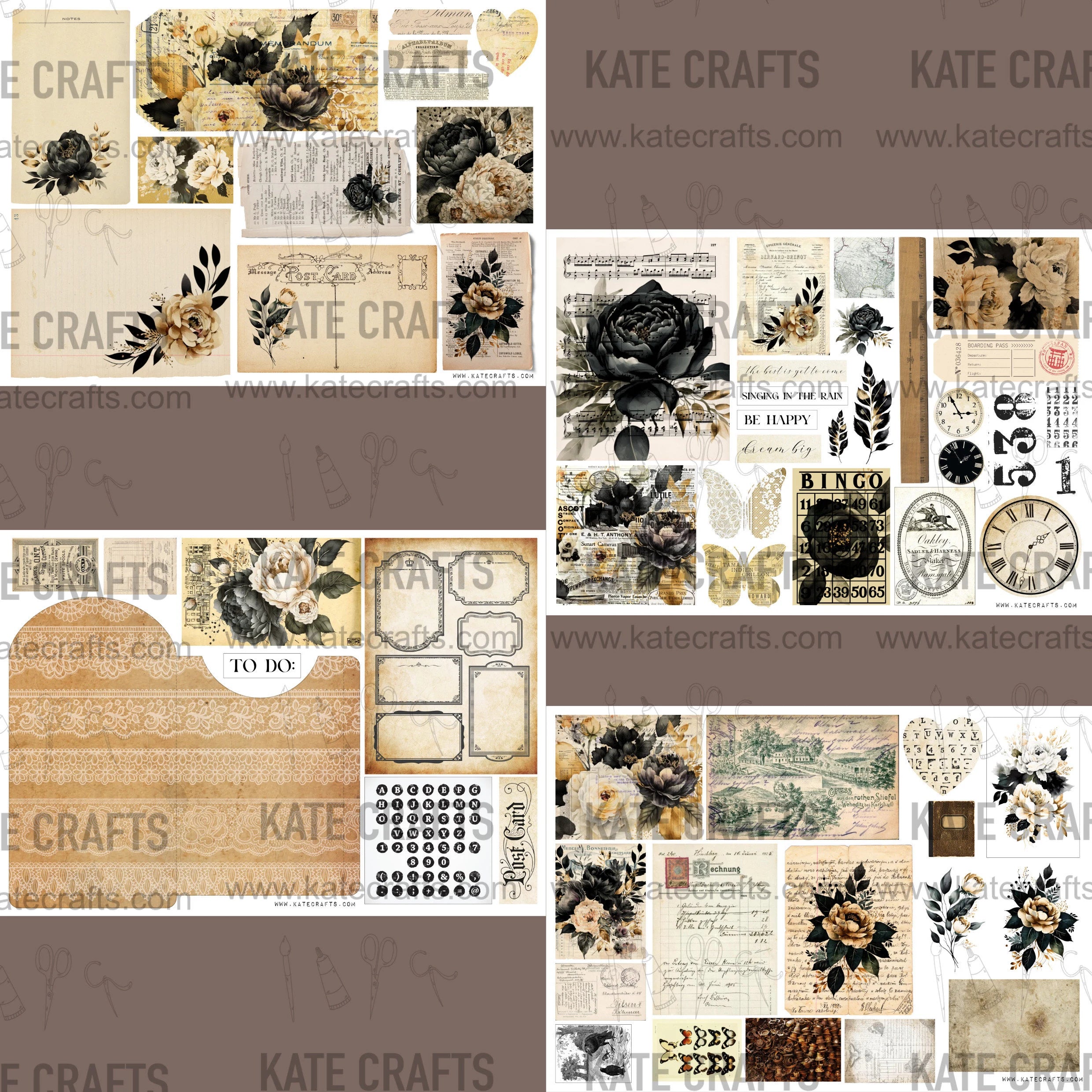 Mini Kit No. 4  KC502, Junk Journal Printable Kit, Digital Download, Vintage Ephemera, Printable Pages, Paper Craft